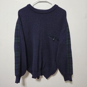 Vintage Glenhusky Of Scotland Mens Large Blue Green Tartan Plaid Wool Sweater